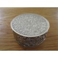 VERY DECORATIVE SILVER METAL TRINKET BOX WITH RED VELVET LINING (PLEASE DISREGARD REFLECTIONS)