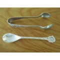 VINTAGE SILVERPLATED TEASPOON WITH NARCISSUS DESIGN AND SUGAR LUMP TEASPOON TONG