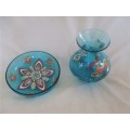 EXQUISITE COLOUR - HAND PAINTED GLASS BUD VASE AND DISH - SIGNED
