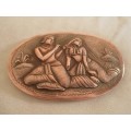 HAND CRAFTED REPOUSSE VINTAGE MIDDLE-EASTERN INDIAN COPPER PLAQUE - MAN PLAYING FLUTE FOR LADY