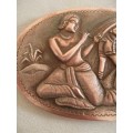 HAND CRAFTED REPOUSSE VINTAGE MIDDLE-EASTERN INDIAN COPPER PLAQUE - MAN PLAYING FLUTE FOR LADY