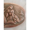HAND CRAFTED REPOUSSE VINTAGE MIDDLE-EASTERN INDIAN COPPER PLAQUE - MAN PLAYING FLUTE FOR LADY