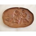 HAND CRAFTED REPOUSSE VINTAGE MIDDLE-EASTERN INDIAN COPPER PLAQUE - MAN PLAYING FLUTE FOR LADY