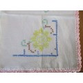 VINTAGE HAND EMBROIDERED CROSS STITCH CLOTH WITH FLORAL DESIGN AND HAND CROCHETED BORDER