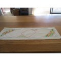 COLOURFUL VINTAGE HAND EMBROIDERED TABLE RUNNER WITH JACOBEAN-LIKE DESIGN AND HAND CROCHETED BORDER