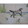 UNUSUAL VINTAGE CLOTH HAND EMBROIDERED WITH POINTER DOG AND FLYING DUCKS - HAND CROCHETED BORDER