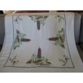 LARGE VINTAGE HAND EMBROIDERED TABLE CLOTH WITH DETAILED ORIENTAL PAGODA DESIGN - GREAT CONDITION