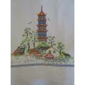 LARGE VINTAGE HAND EMBROIDERED TABLE CLOTH WITH DETAILED ORIENTAL PAGODA DESIGN - GREAT CONDITION