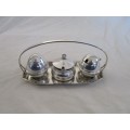 VINTAGE SILVER PLATED CONDIMENT SET MADE IN ENGLAND (STILL WITH OLD TYPE SALT POT)