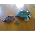 TWO VINTAGE MALAYAN TURTLES - TRINKET BOX AND CANDLE/INCENSE HOLDER PLUS TINY STONE & BRASS TORTOISE
