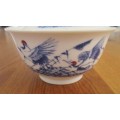 BLUE AND WHITE ORIENTAL STORK/HERON DESIGN LIDDED DISH WITH SAUCER - SIGNED