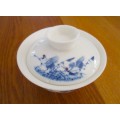 BLUE AND WHITE ORIENTAL STORK/HERON DESIGN LIDDED DISH WITH SAUCER - SIGNED