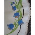 VINTAGE HAND EMBROIDERED CLOTH WITH WOODLAND BLUEBELLS AND HAND CROCHETED BORDER