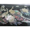 EXCELLENT CONDITION - MUSICAL JEWELLERY BOX WITH MOTHER OF PEARL PEACOCKS, CRANES AND FLORAL DESIGN