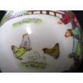VINTAGE ZHONGGUO JINGDEZHEN GINGER JAR OF BOYS FEEDING CHICKENS WITH ROOSTER ON LID