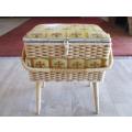 JUST AWESOME!!  VINTAGE SEWING BASKET ON REMOVEABLE FEET/LEGS - PACKED WITH VINTAGE SEWING GOODIES!