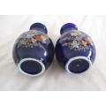 TWO BEAUTIFUL ORIENTAL COBALT BLUE VASES - FLORAL WITH GOLD GILT DETAIL