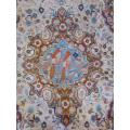 A BEAUTIFUL VINTAGE WOVEN RUG WITH BIRD AND FLORAL DESIGN (160CM X 96CM) AND INTERESTING HISTORY