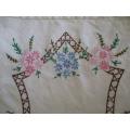 A PRETTY HAND EMBROIDERED RECTANGULAR CLOTH WITH SPRAYS OF PINK AND BLUE FLOWERS