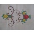 VINTAGE HAND EMBROIDERED CLOTH WITH PRETTY CROSS STITCH AND HAND EMBROIDERED BORDER