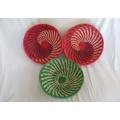 THREE COLOURFUL AFRICAN WOVEN  WALL/TABLE ART BASKETS