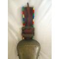 A HUGE VINTAGE BRASS SWISS COW BELL WITH STRAP AND LOVELY, DEEP RING