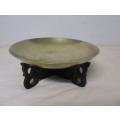 Large vintage engraved Chinese brass bowl on ornately carved wooden stand
