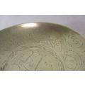 Large vintage engraved Chinese brass bowl on ornately carved wooden stand