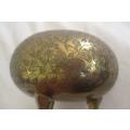 Made in India - a vintage, beautifully etched, footed, plump solid brass vase with original frog