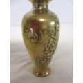 Antique brass bud vase with embossed floral and bird design