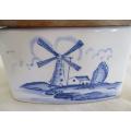 Vintage blue and white Dutch porcelain salt box with wooden lid