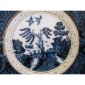An unusual square blue and white willow pattern display plate with gold gilt detail