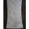 Extremely long, quality `half mast` lace curtain with textured rose design - 660cm x 44cm