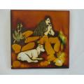 Two vintage 1960`s hand painted and glazed Liebermann tiles of a man and his dog - discontinued