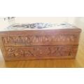 Ornately carved wooden jewellery/keepsake box from India with bone inlay