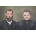 lovely vintage portrait painting of a couple in a mahogony  old frame with glass