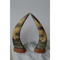 A PAIR OF EXQUISITE  ASIAN WATER BUFFALO CARVED DRAGON HORNS