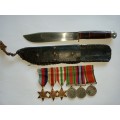 WORLD WAR TWO SOUTH AFRICAN MEDALS GROUP AND FIGHTING KNIFE