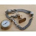 Antique lady's Albert fob chain with pocket watch and fob seal.