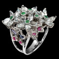 Smashing natural multi-gem ring - 14 ct white gold over solid sterling - weight 10.82 g.