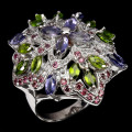 Alluring Solid Sterling Silver Natural Iolite, Diopside and Garnet Cluster Ring - 13.41 g