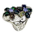 Natural Ethiopia Black Opal and Tanzanite Ring in Solid Sterling Silver 14 ct White Gold over