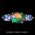 Gorgeous Solid Sterling Silver 1.10 ct Natural Opal and 1 ct Tanzanite Ring