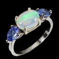Gorgeous Solid Sterling Silver 1.10 ct Natural Opal and 1 ct Tanzanite Ring