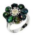 Exquisite Solid Sterling Silver 3 ct Natural Ethiopia Black Opal and Sapphire Ring - weight 8.51 g