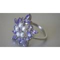 Dazzling Sterling Silver Tanzanite and Seed Pearl Ring - weight 5.3 g