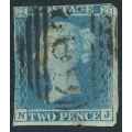 GB UK 1841/51 Queen Victoria used Imperforate 2d blue stamp (SG 14)