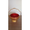 Vintage Ruby Red and Gold Sugar/Jam Glass Bowl in Metal Basket