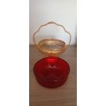 Vintage Ruby Red and Gold Sugar/Jam Glass Bowl in Metal Basket