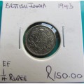 1943 BRITISH INDIA 1/4 RUPEE  `SCARCE` EF - 50% SILVER